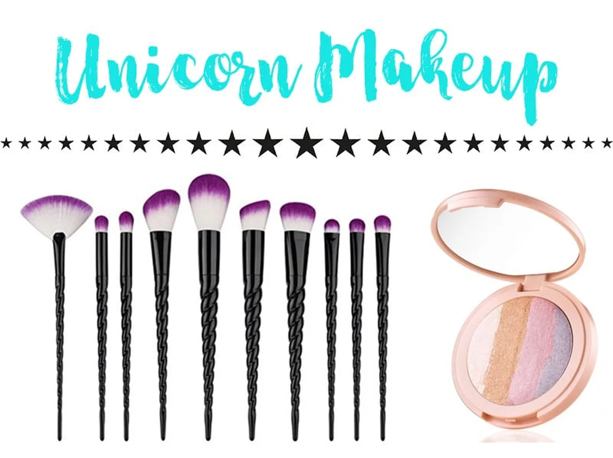 Rainbow unicorn-themed makeup brush set arranged on a vanity