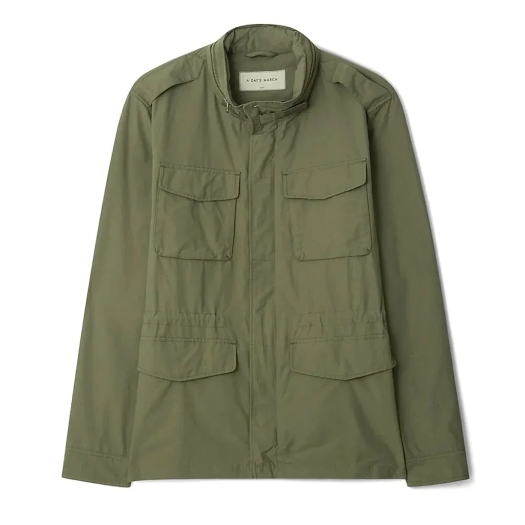 Olive-green field jacket on white background