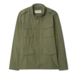 Olive-green field jacket on white background