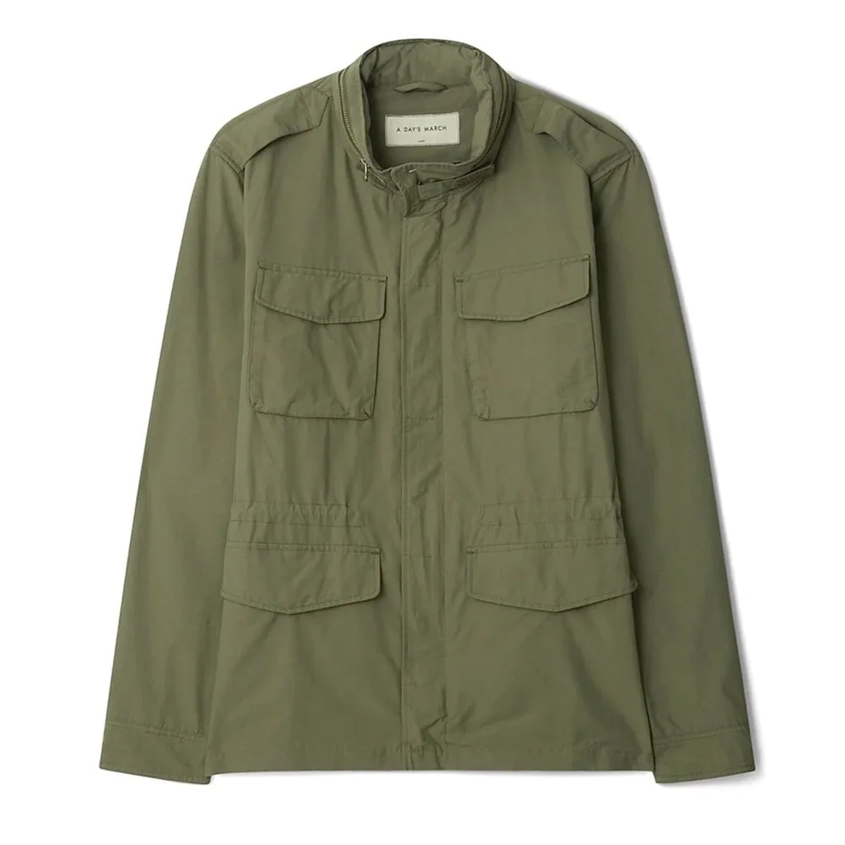 Olive-green field jacket on white background