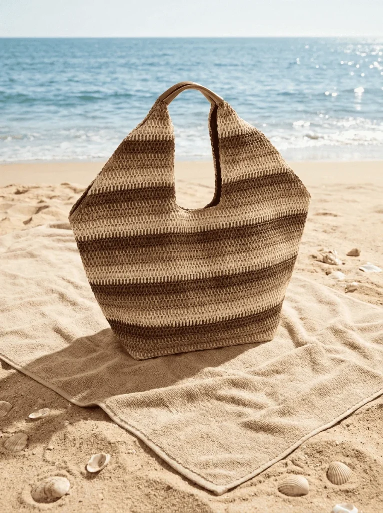 Woven straw beach bag resting on the sand