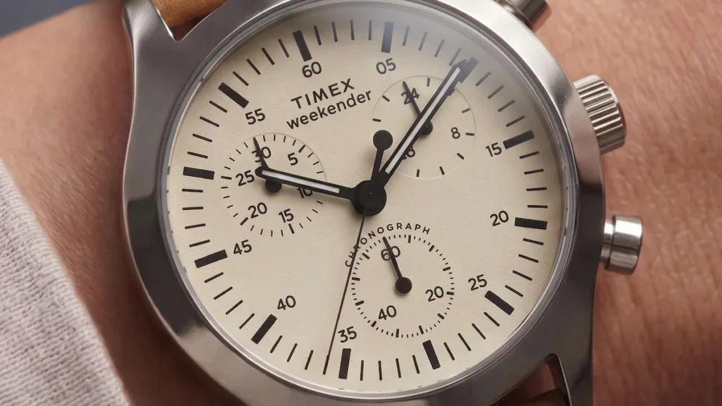 Timex Weekender New England Chronograph watch with cream dial and brown leather strap
