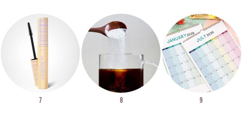 Mascara, collagen in coffee, and wall calendar favorites in one collage