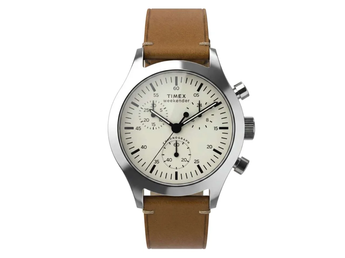 Close up of the Timex Weekender New England Chronograph watch face