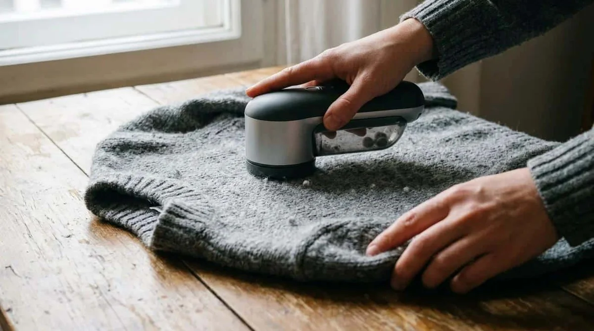 Fabric shaver being used on a pilled sweater