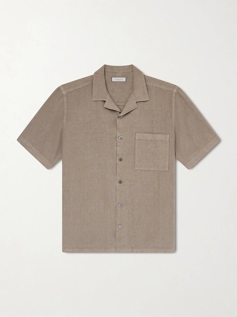 Canali camp-collar linen shirt in brown