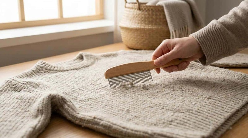 Fabric comb removing pills from a wool knit