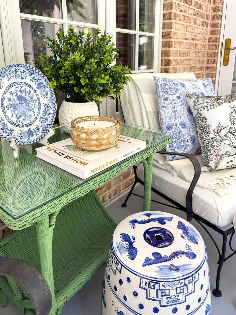 Refurbished wicker garden table with fresh spray paint finish