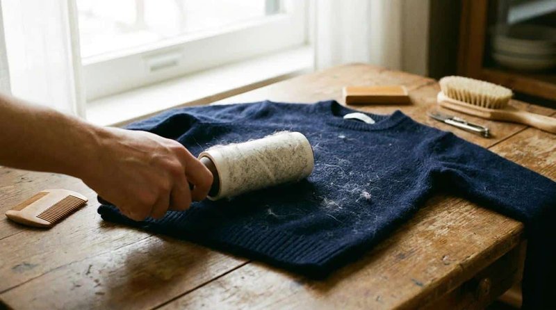 Lint roller clearing loose fibers from a garment