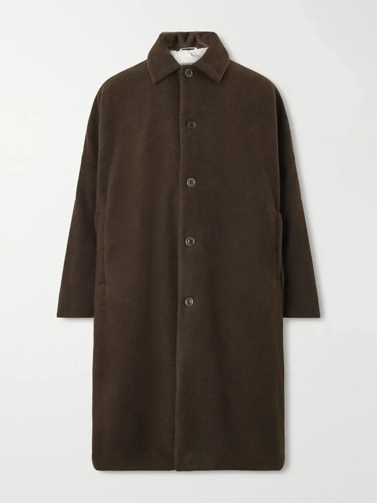 Dark brown long wool coat on a white background
