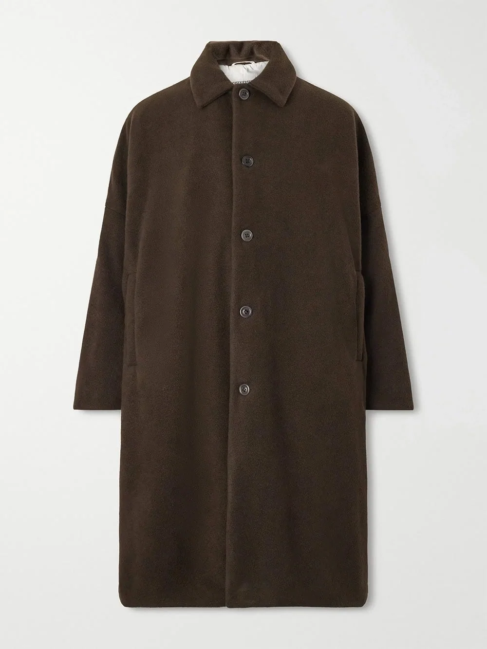 Dark brown long wool coat on a white background