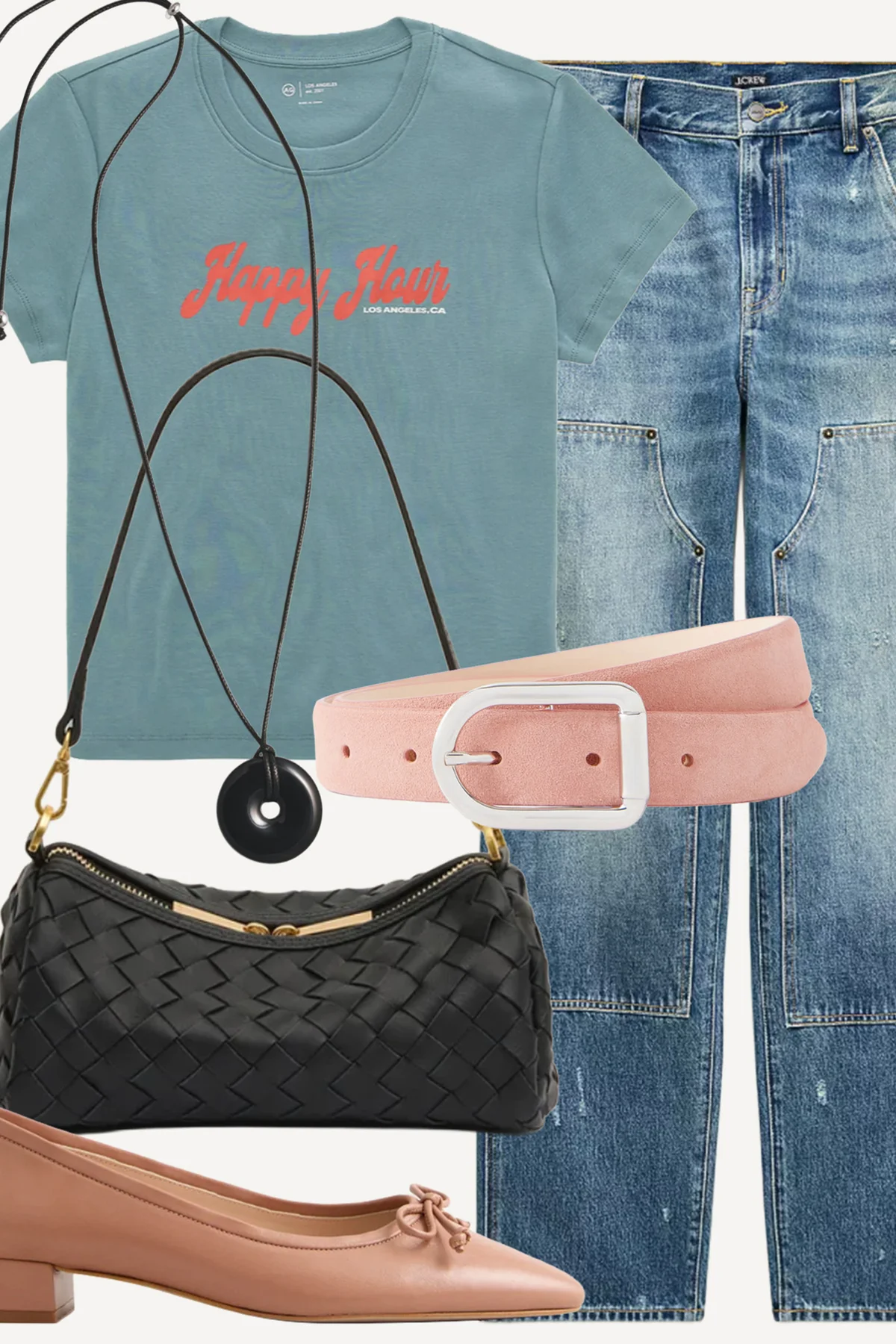 Styled outfit flat lay with graphic tee, jeans, belt, bag, and flats