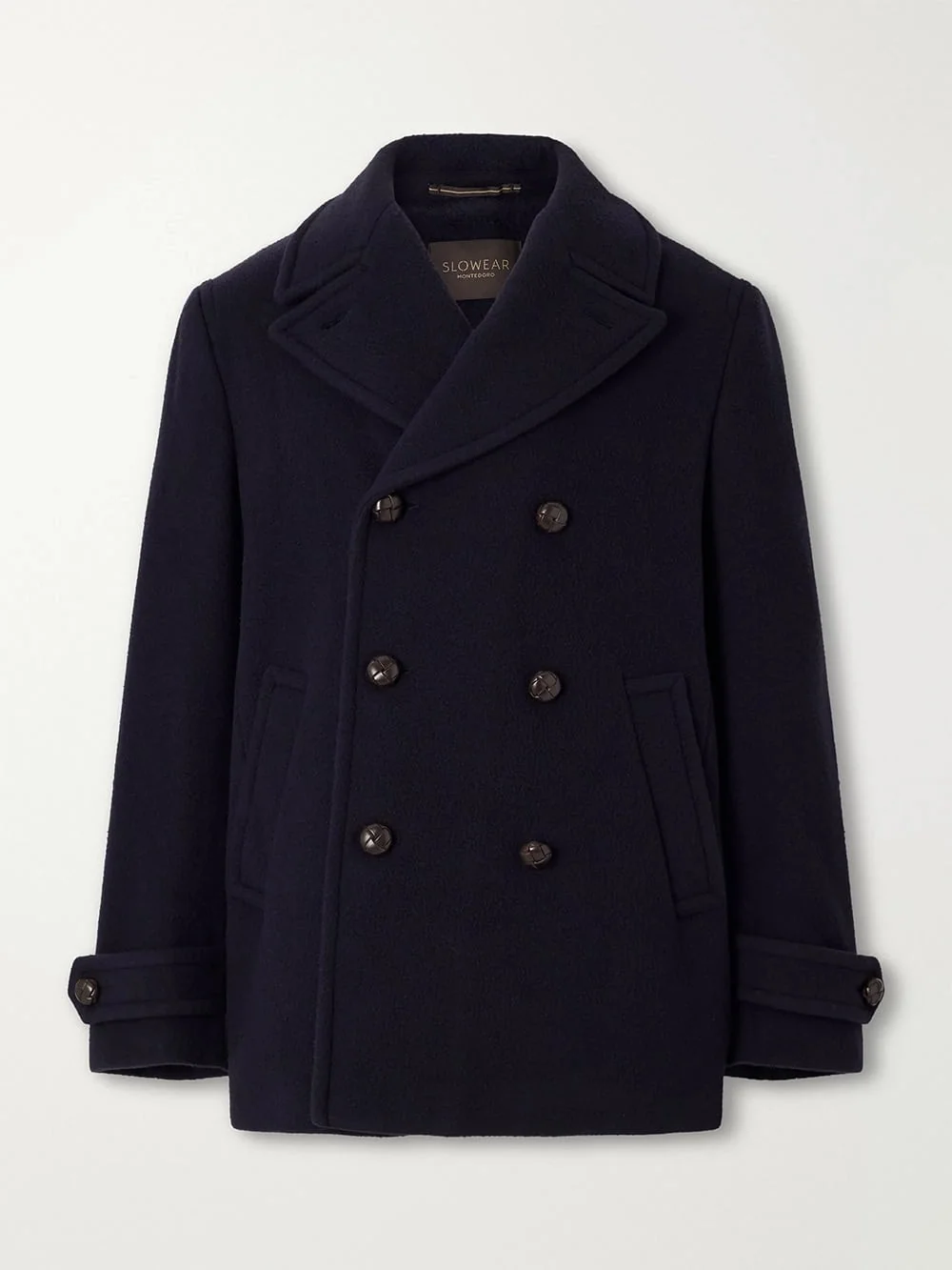 Navy double-breasted wool peacoat with dark buttons