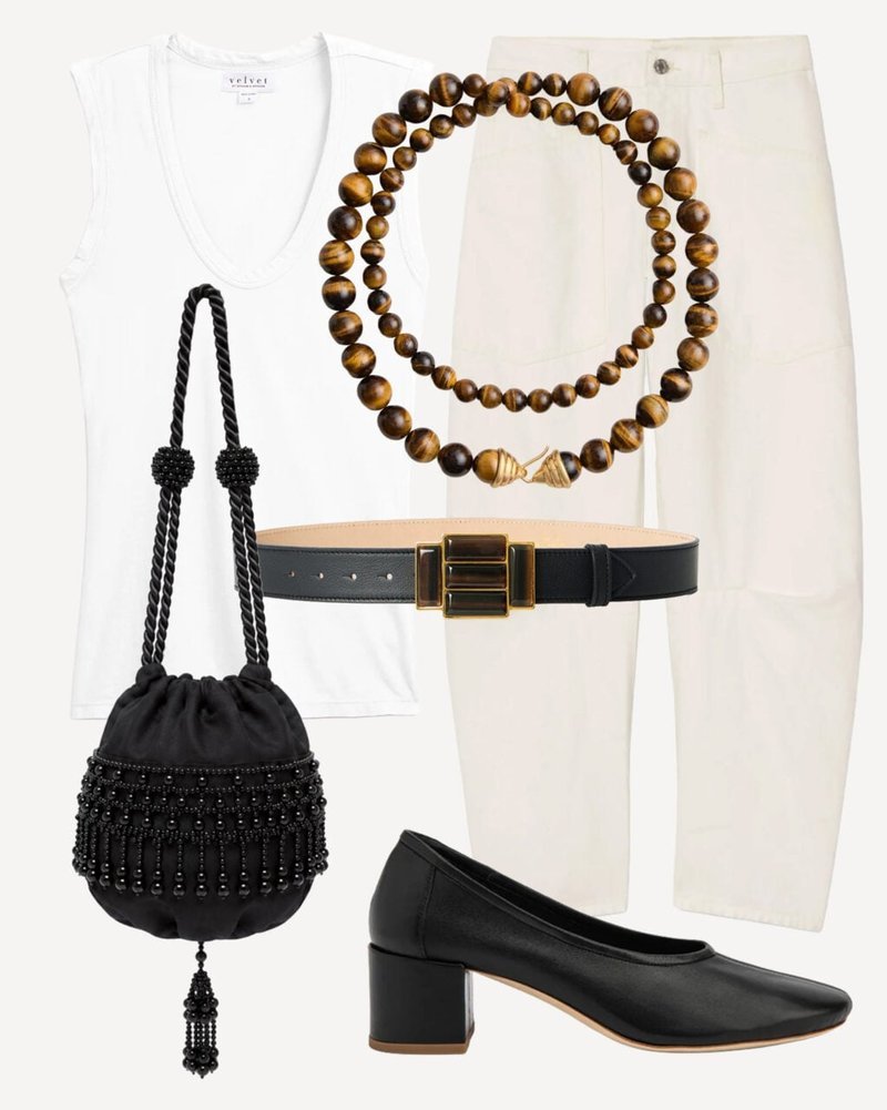 Neutral styled outfit with tiger's eye necklace, beaded bag, and black pumps