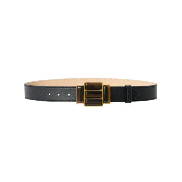 Black leather belt with rectangular gold-tone buckle