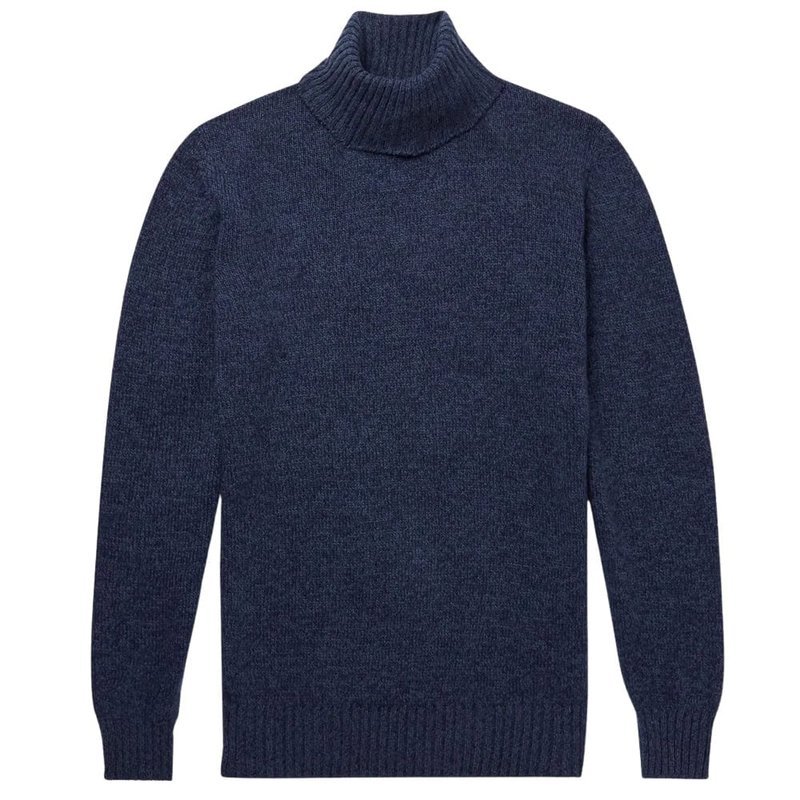 Navy cashmere rollneck sweater in a flat lay