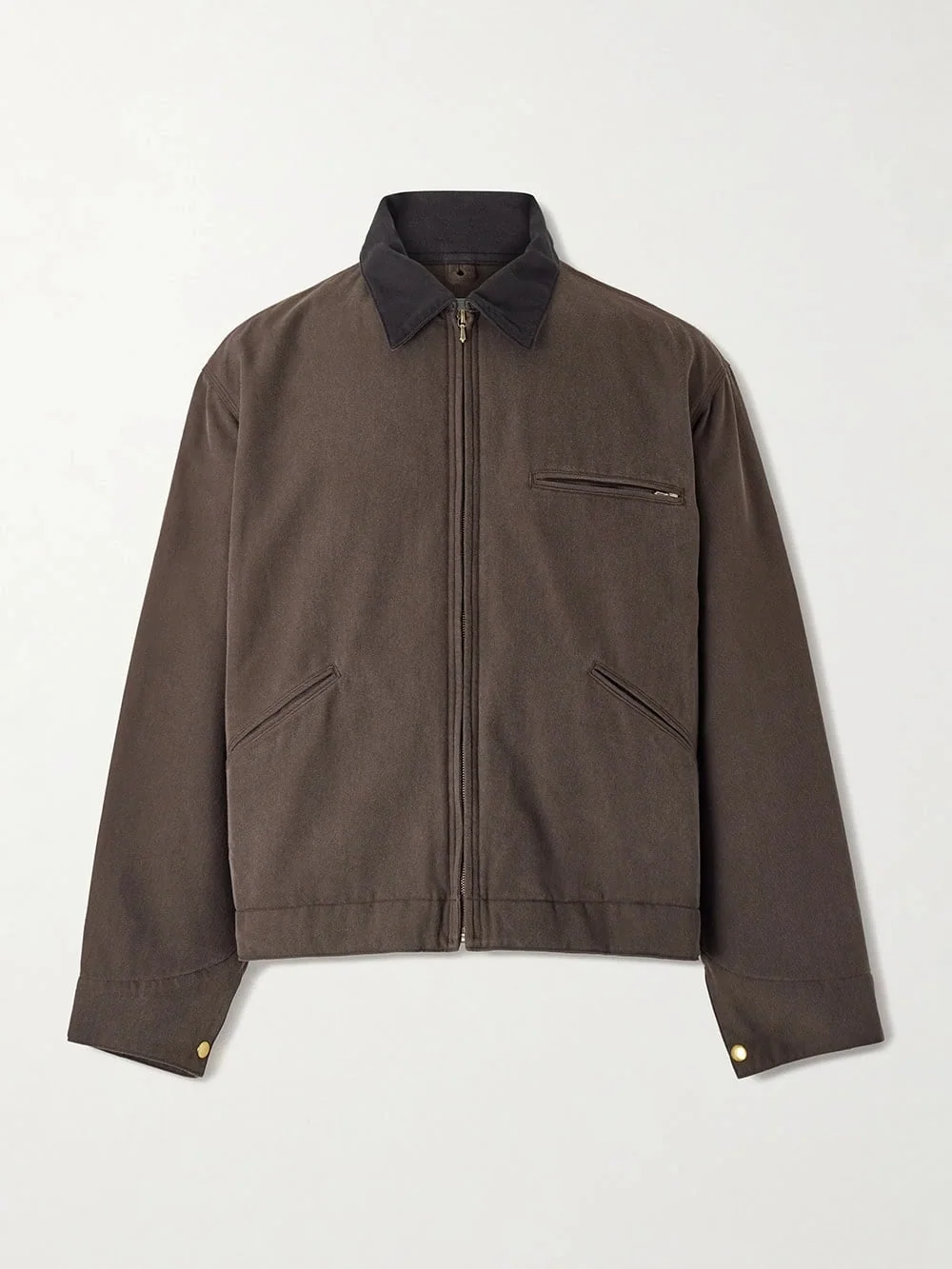 Brown zip-up jacket with dark collar on white background