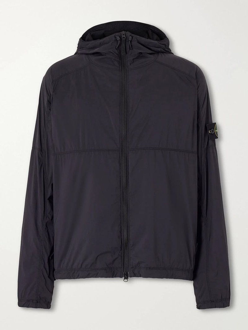 Black hooded zip-up jacket with logo patch on sleeve