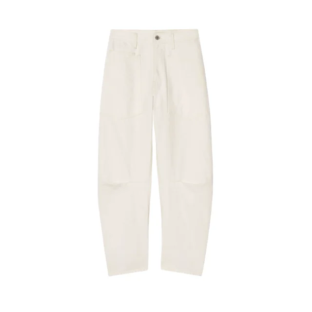 White high-waisted trousers with front pockets and button closure