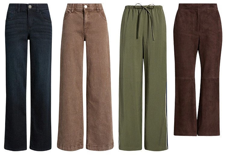 Fall 2026 capsule wardrobe wide-leg pants in denim and suede