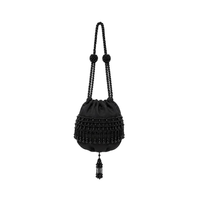 Black beaded drawstring handbag with twisted rope handles