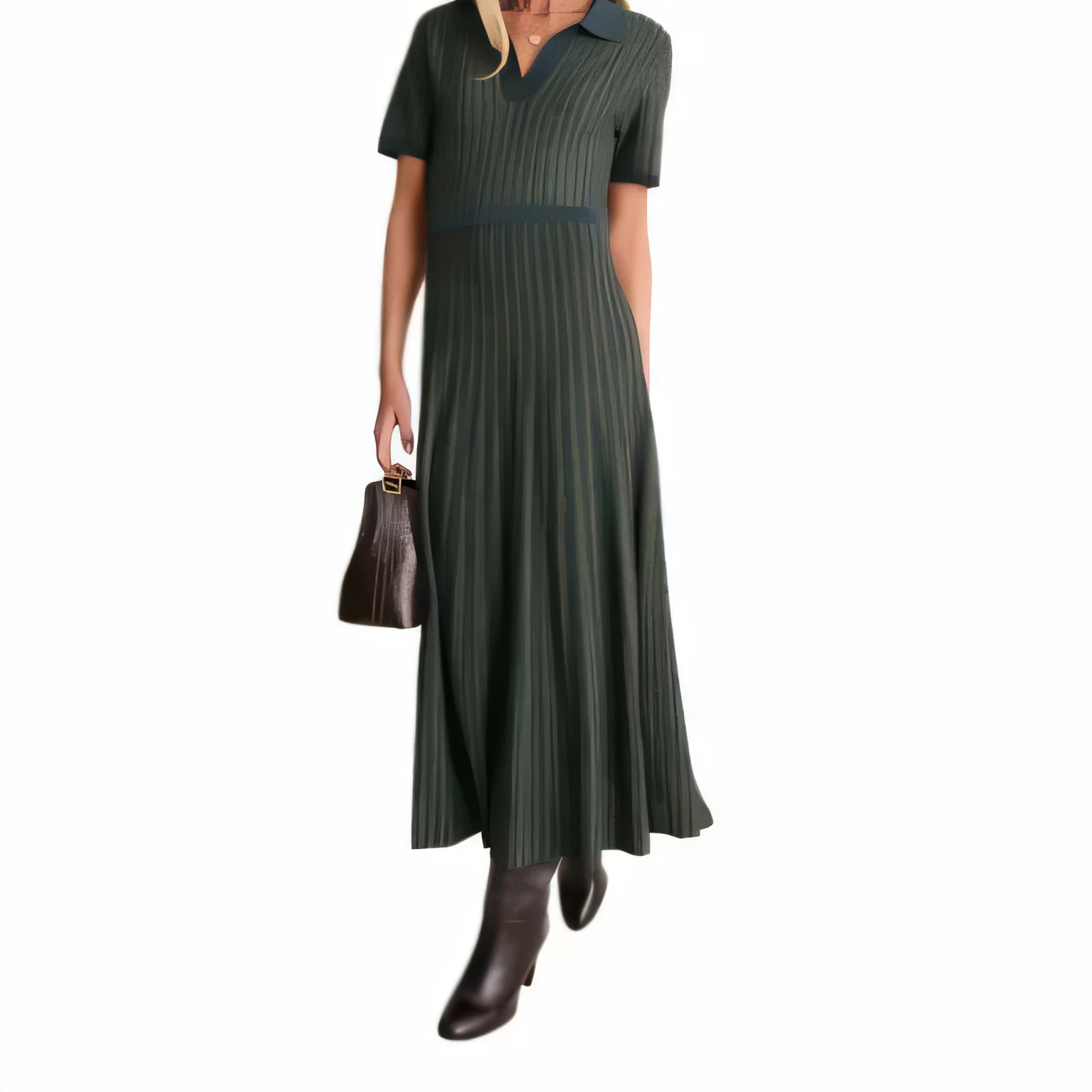 Woman in a dark green ribbed knit polo dress with brown boots and handbag