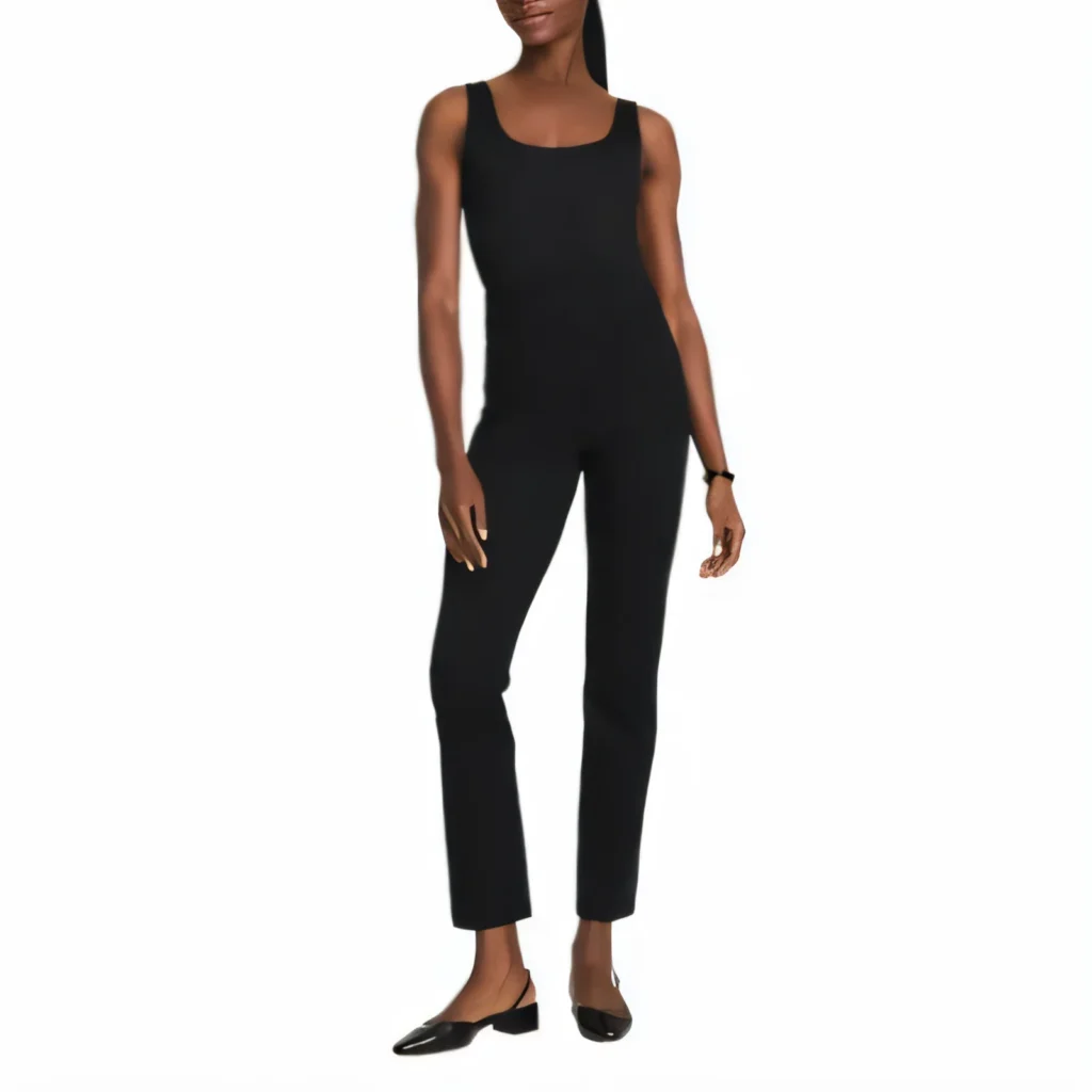 Woman wearing black Spanx PerfectFit ponte pants