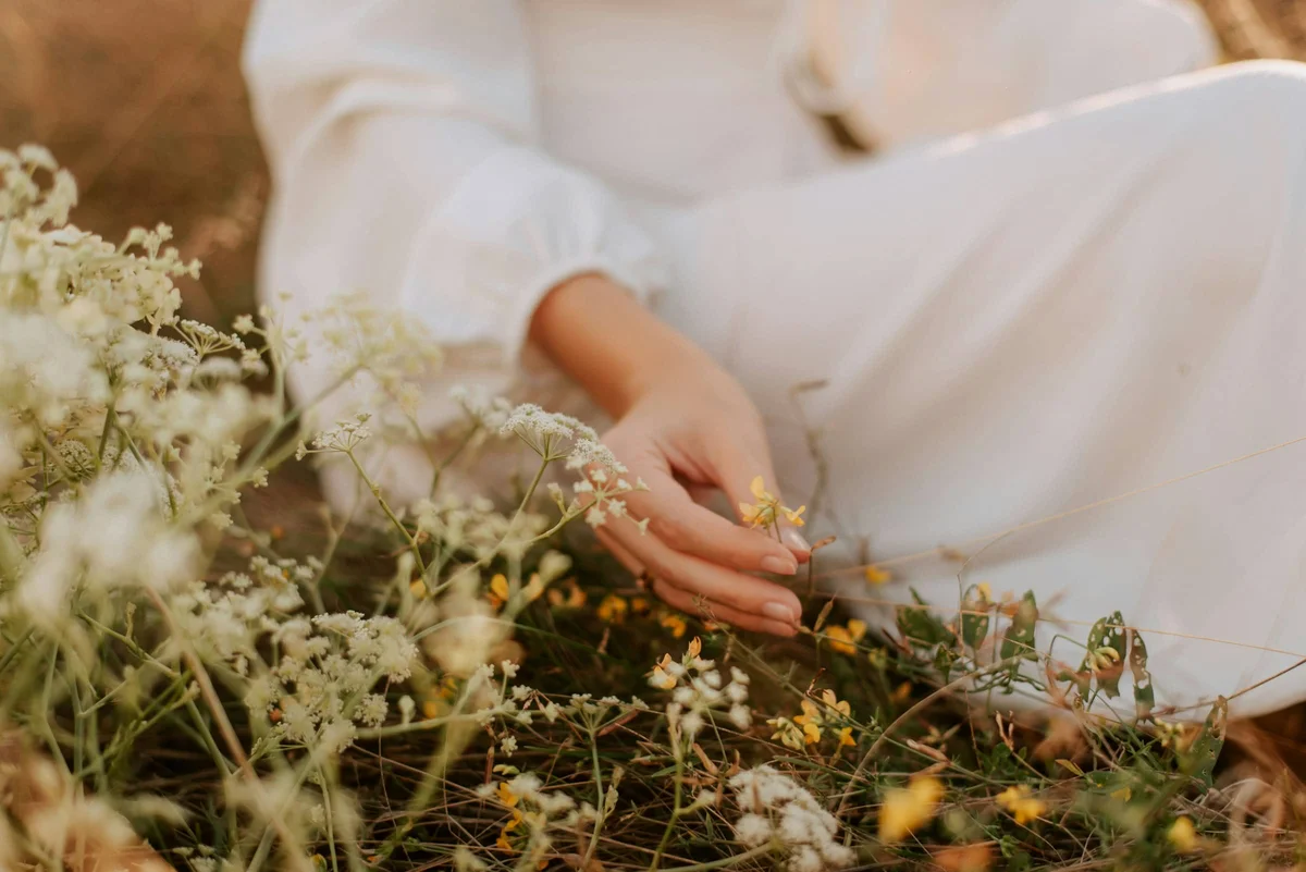 Hand resting gently among wildflowers in a sunlit meadow