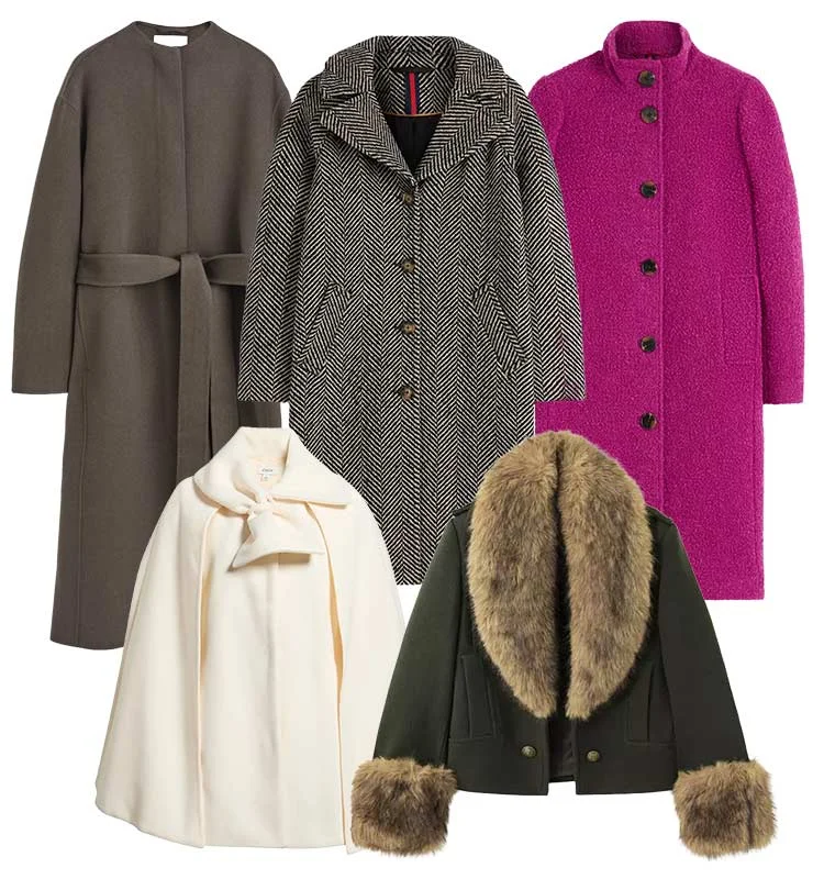 Assorted long and belted winter coats in neutral and bold colors