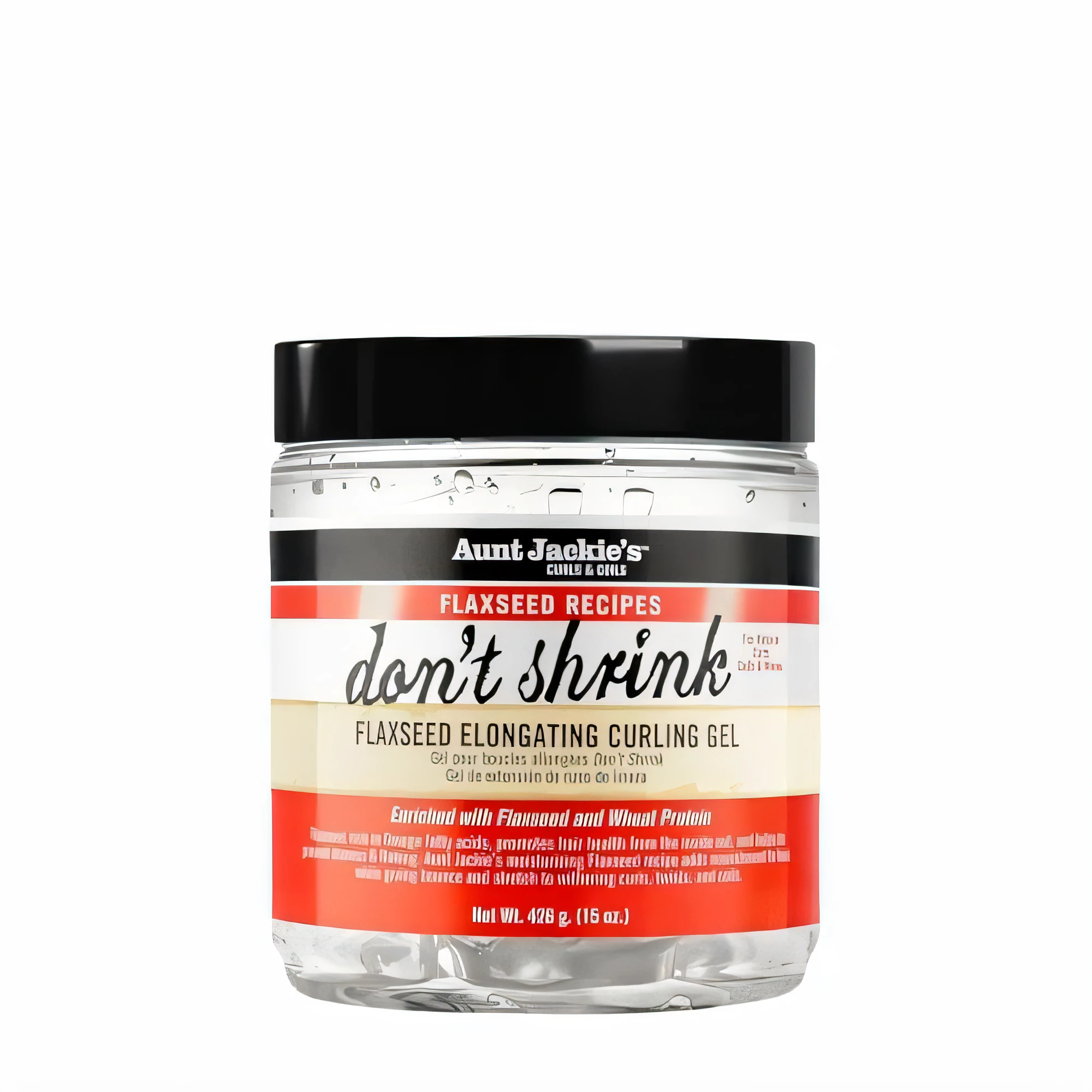 Aunt Jackie's Flaxseed Don't Shrink curling gel jar on white background